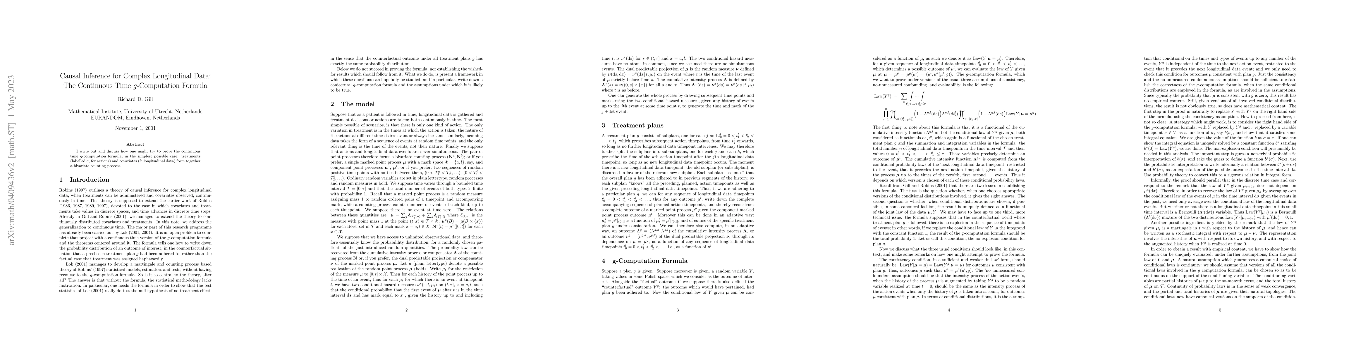 Thumbnail for Causal Inference for Complex Longitudinal Data: The Continuous Time
  g-Computation Formula