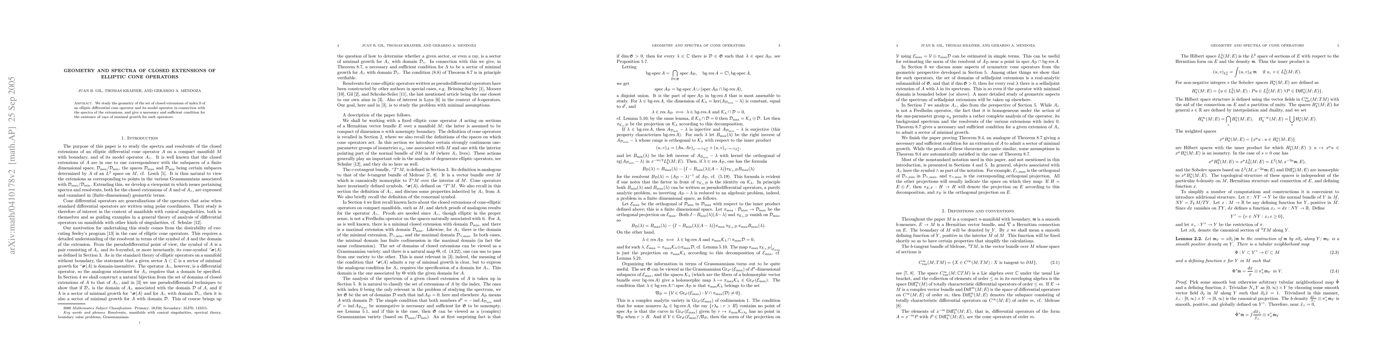 Thumbnail for Geometry and spectra of closed extensions of elliptic cone operators
