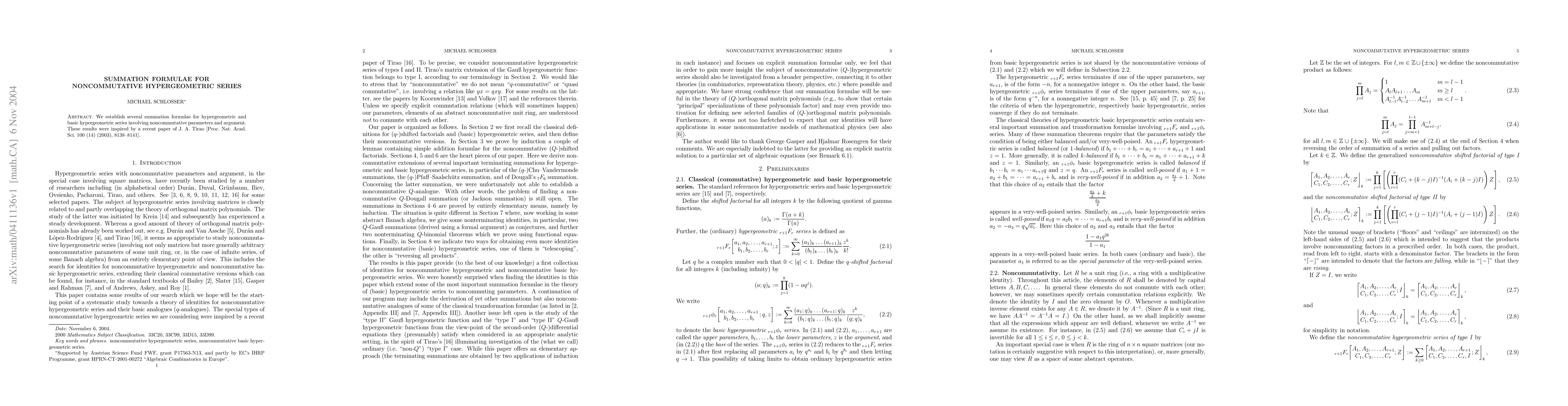 Thumbnail for Summation formulae for noncommutative hypergeometric series