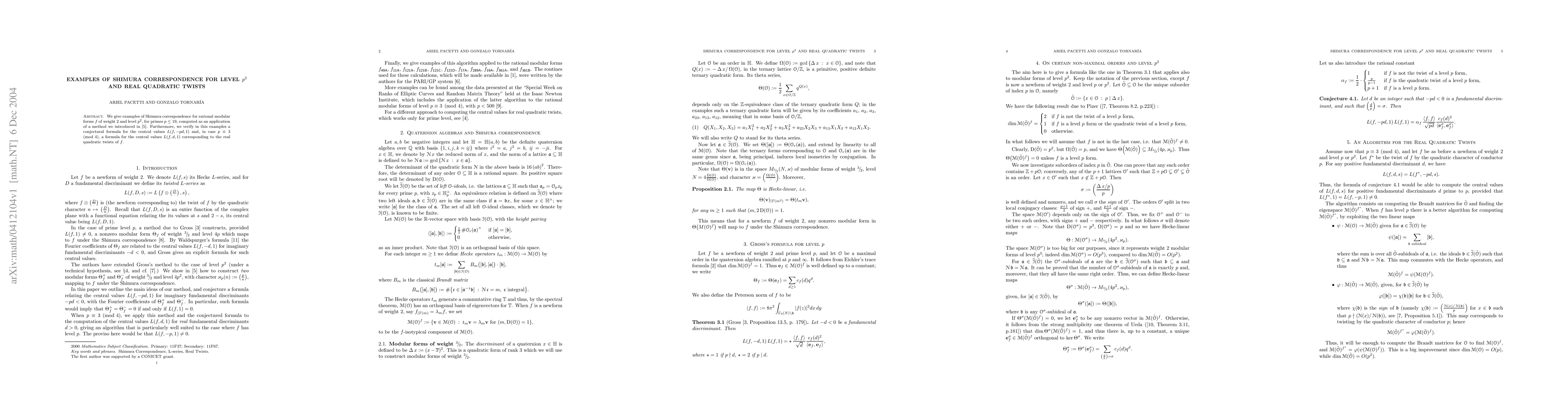 Thumbnail for Examples of Shimura correspondence for level p^2 and real quadratic
  twists