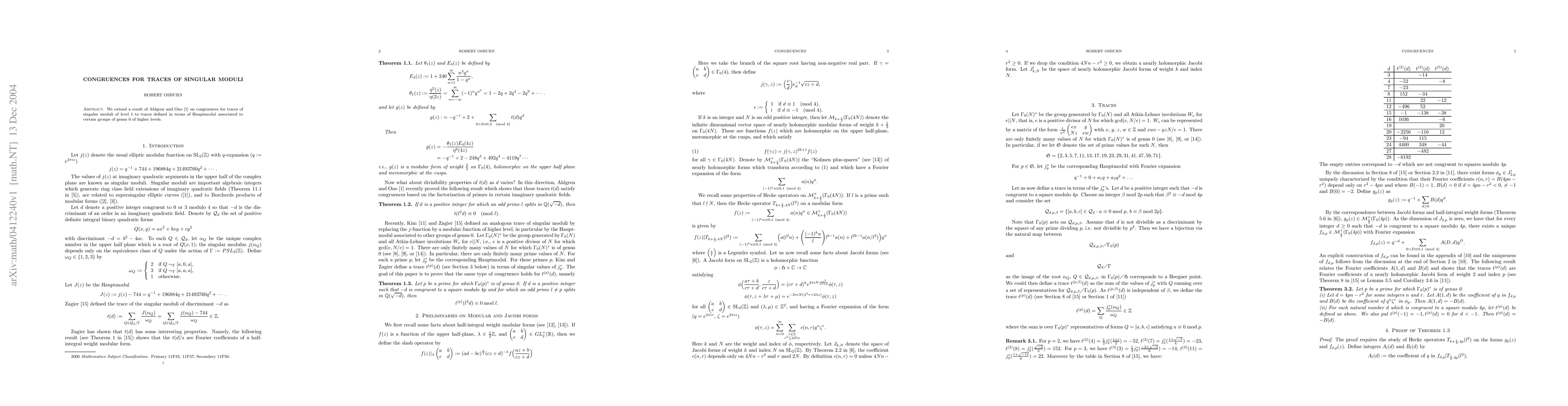 Thumbnail for Congruences for traces of singular moduli