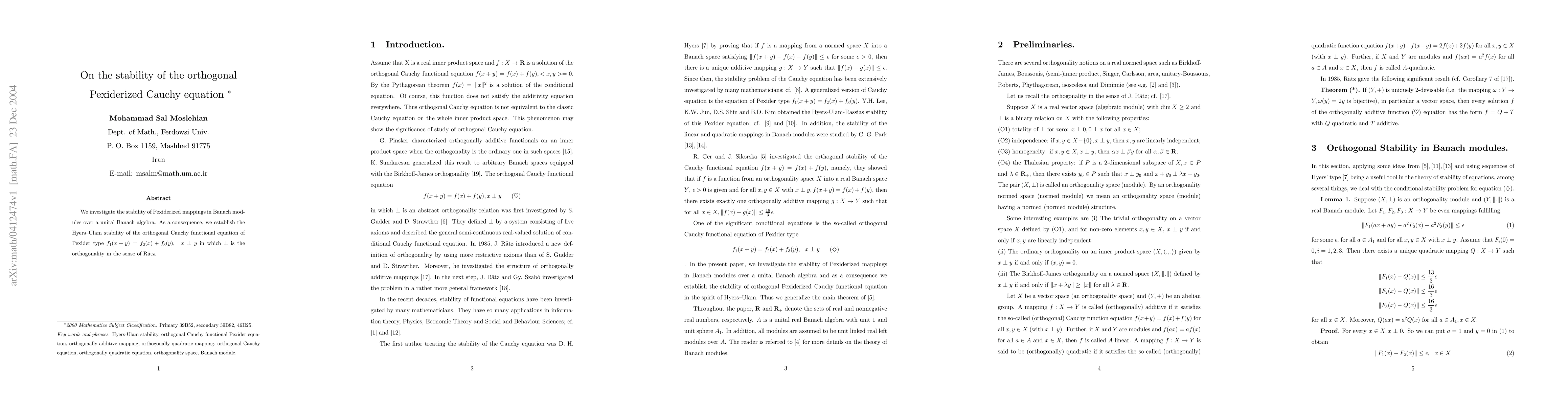 Thumbnail for On the stability of the orthogonal Pexiderized Cauchy equation