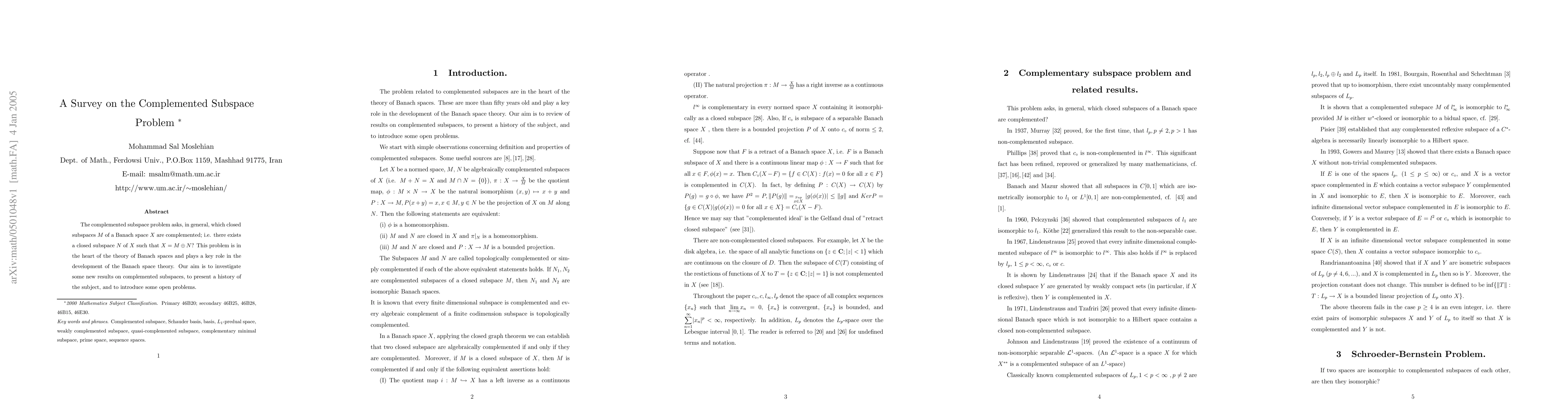 Thumbnail for A Survey on the Complemented Subspace Problem
