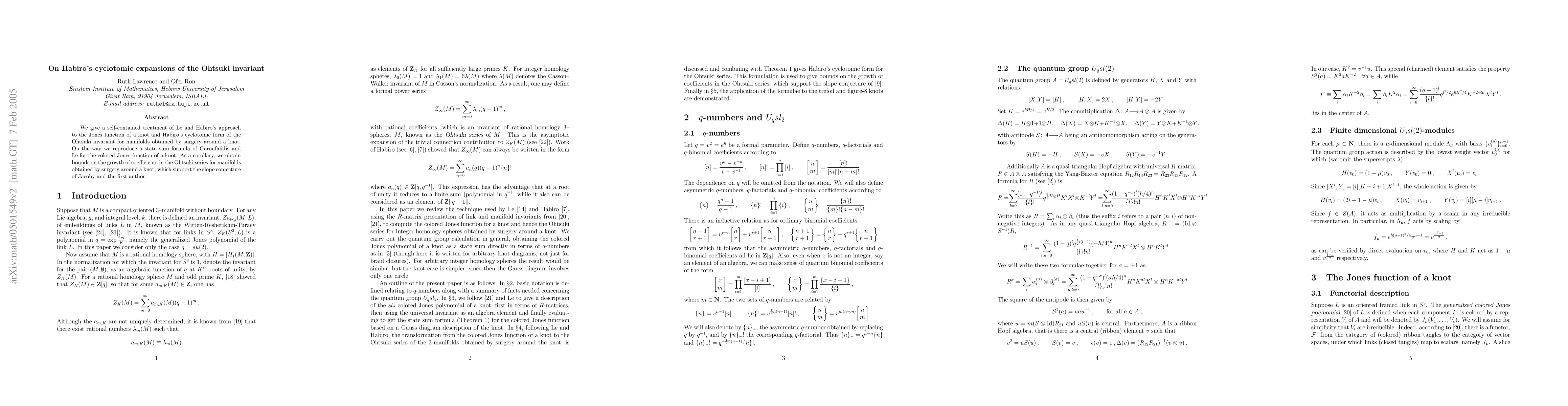 Thumbnail for On Habiro's cyclotomic expansions of the Ohtsuki invariant