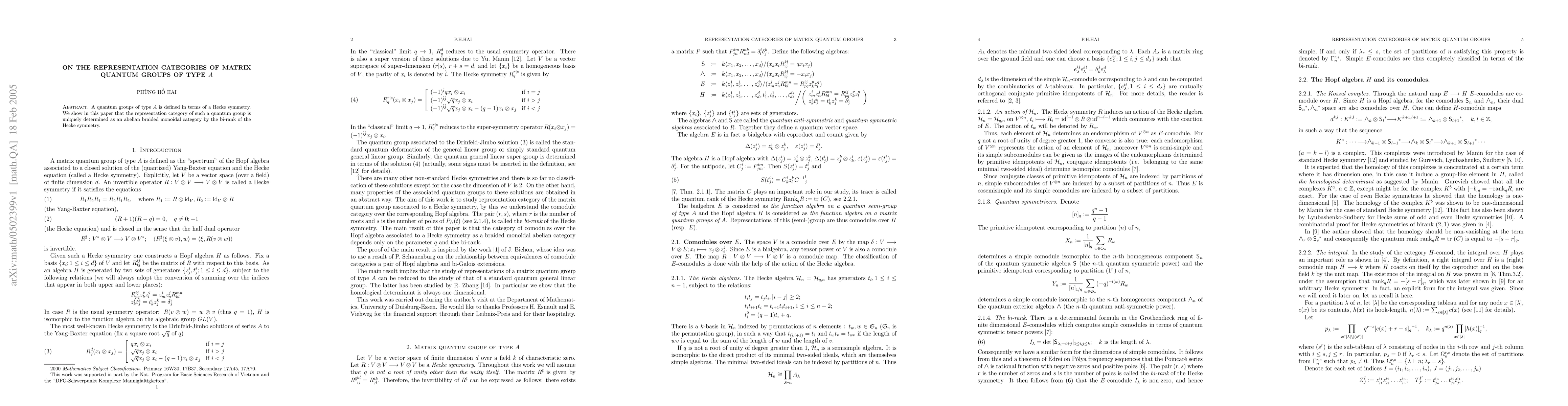 Thumbnail for On the representation categories of matrix quantum groups of type $A$
