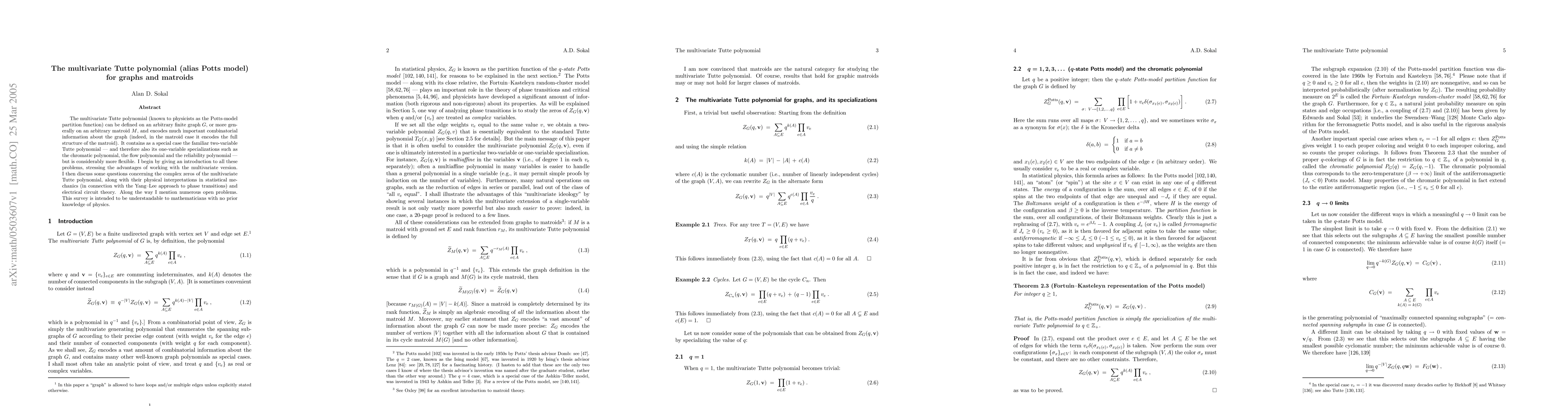 Thumbnail for The multivariate Tutte polynomial (alias Potts model) for graphs and
  matroids
