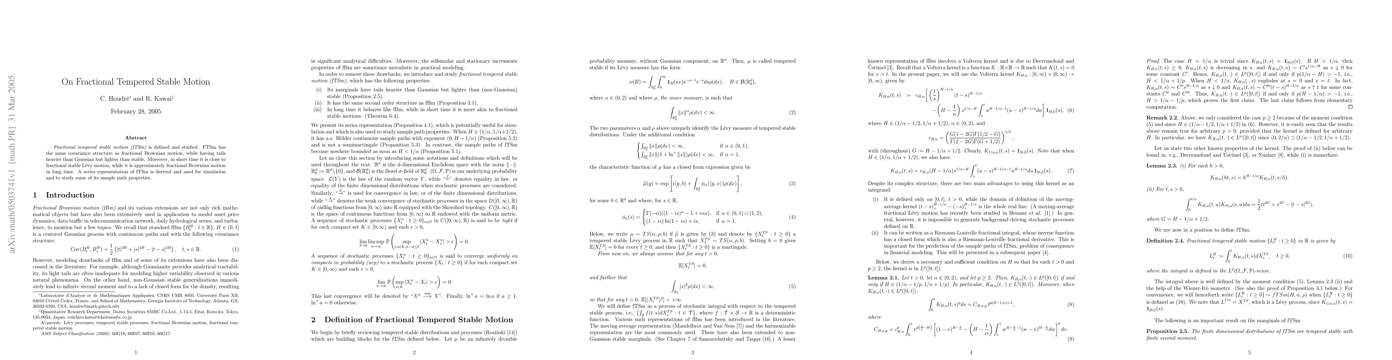 Thumbnail for On Fractional Tempered Stable Motion
