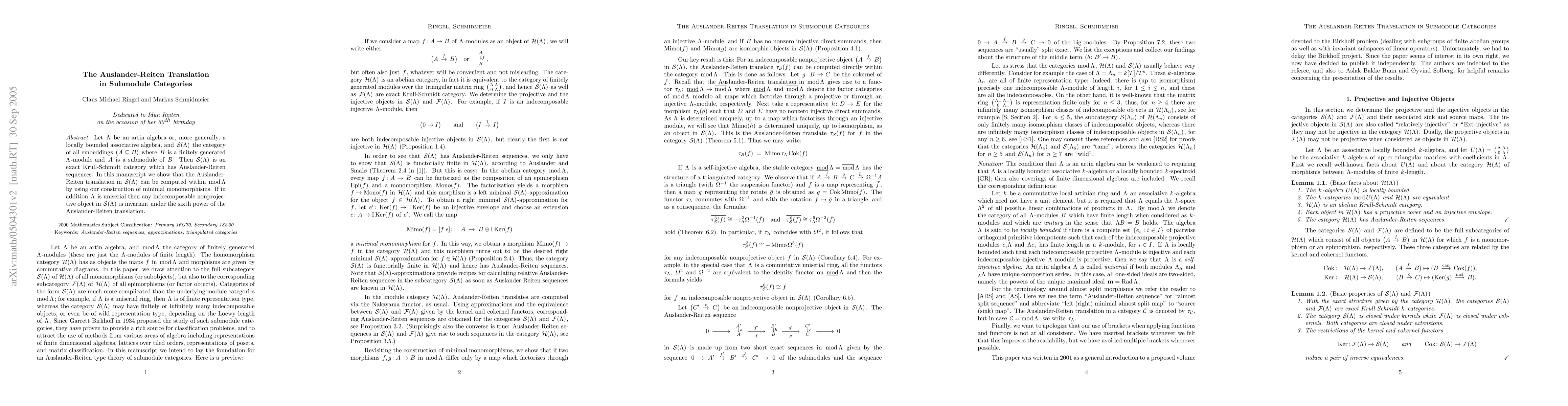 Thumbnail for The Auslander-Reiten Translation in Submodule Categories