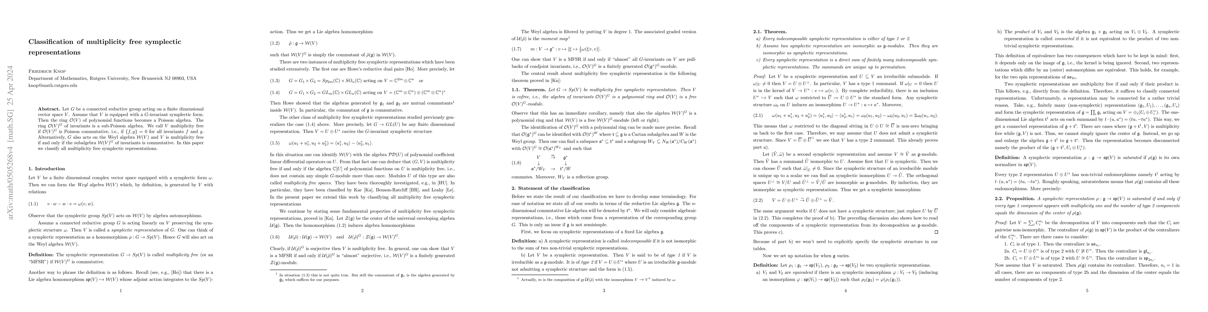 Thumbnail for Classification of multiplicity free symplectic representations