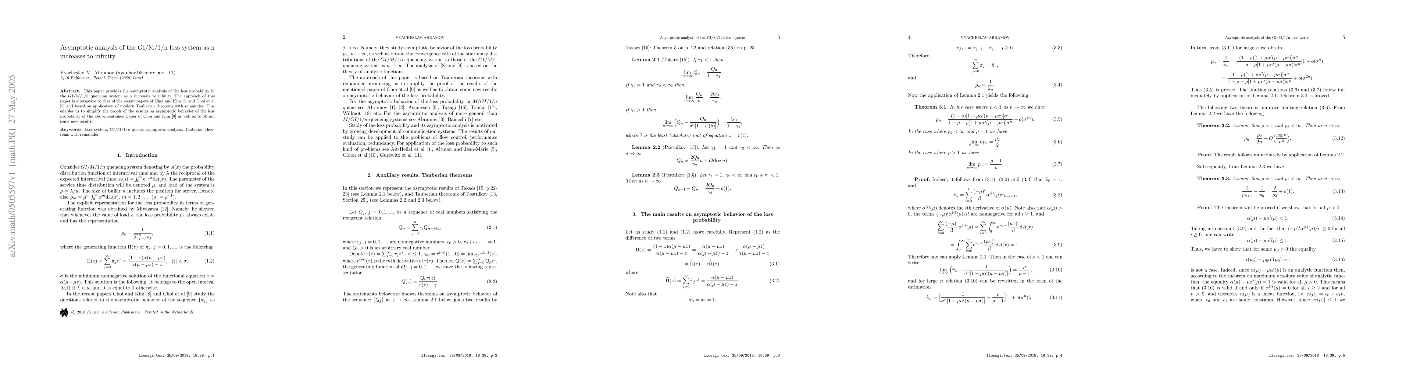 Thumbnail for Asymptotic analysis of the GI/M/1/n loss system as n increases to
  infinity