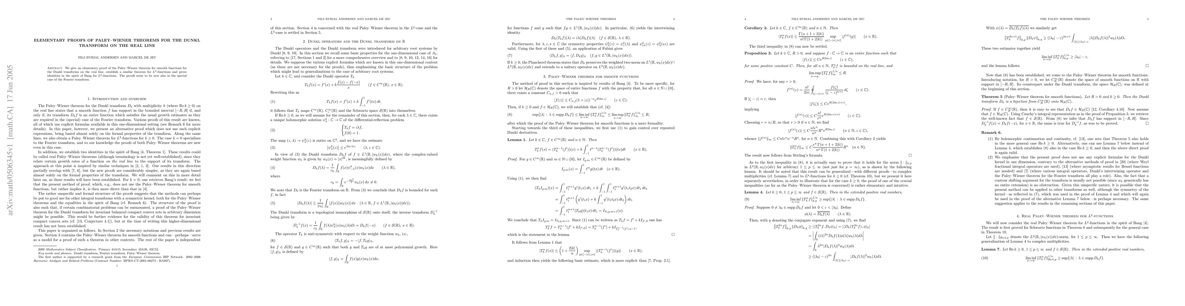 Thumbnail for Elementary proofs of Paley-Wiener theorems for the Dunkl transform on
  the real line