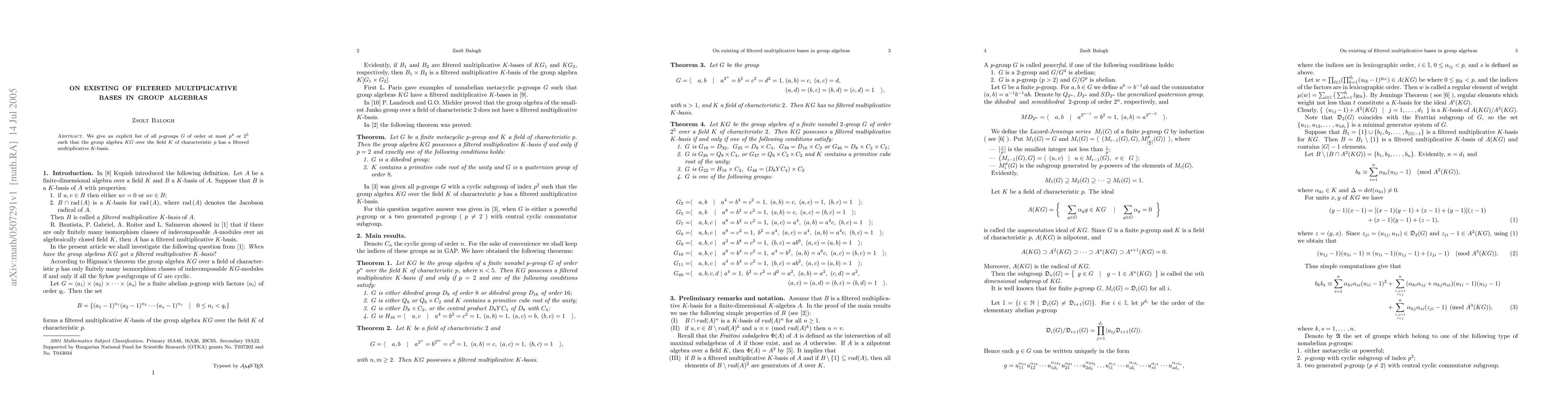 Thumbnail for On existing of filtered multiplicative bases in group algebras