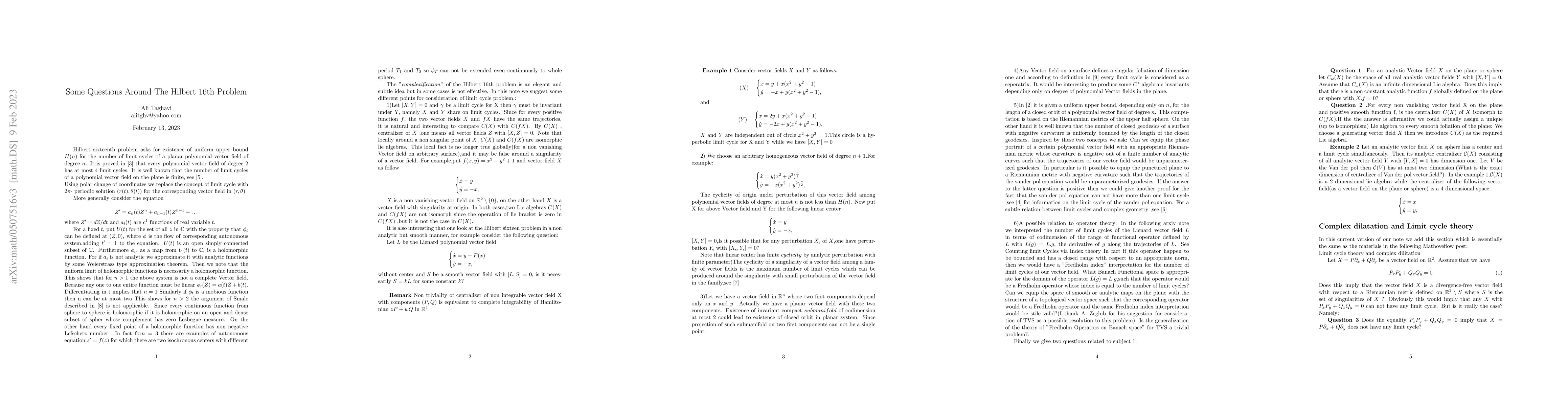 Thumbnail for Some Questions around The Hilbert 16th Problem
