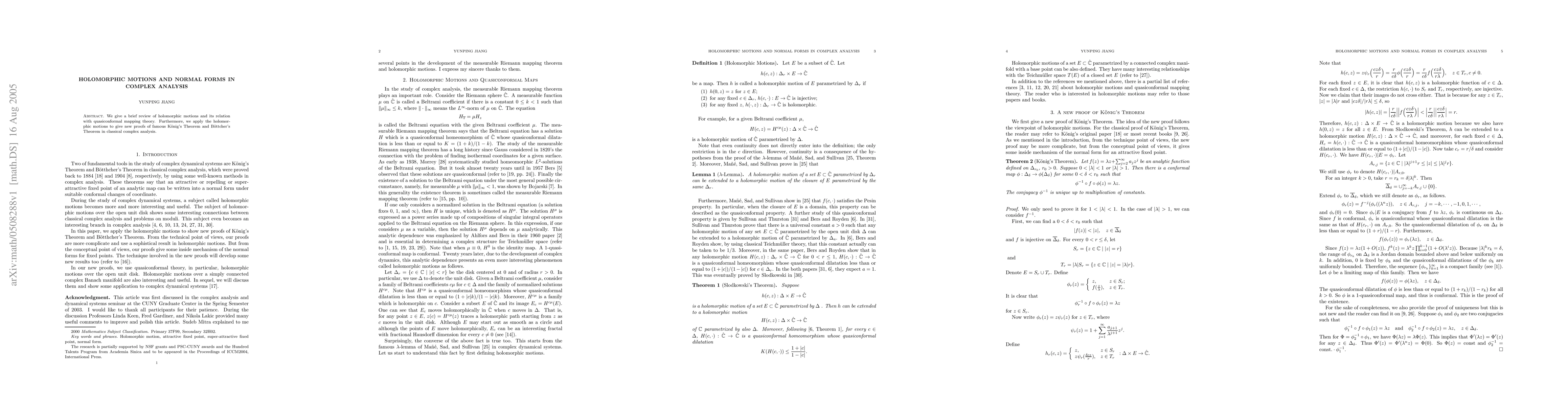 Thumbnail for Holomorphic Motions and Normal Forms in Complex Analysis