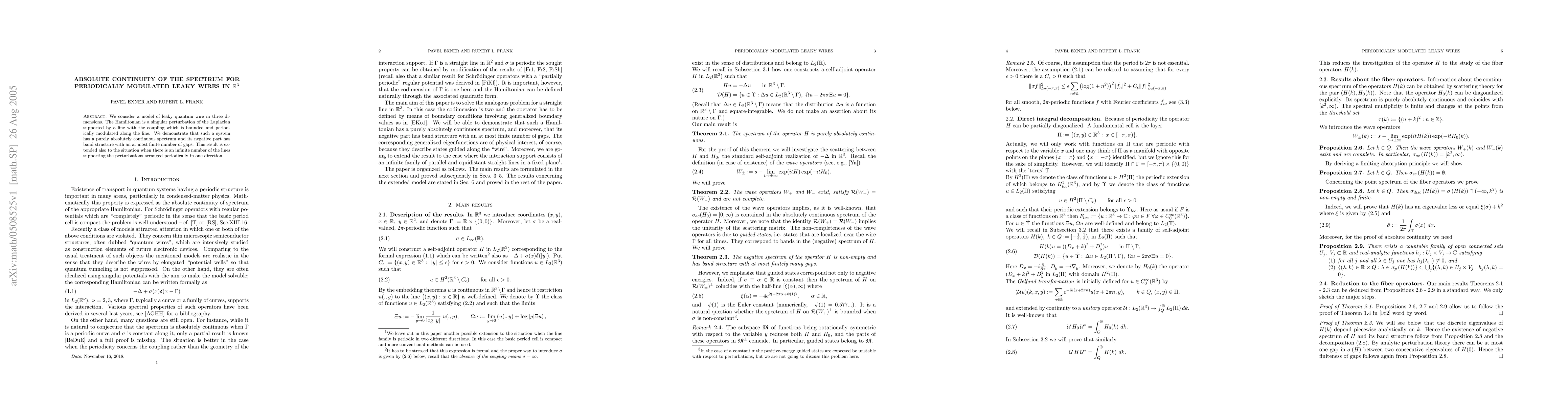 Thumbnail for Absolute continuity of the spectrum for periodically modulated leaky
  wires in $\mathbb{R}^3$