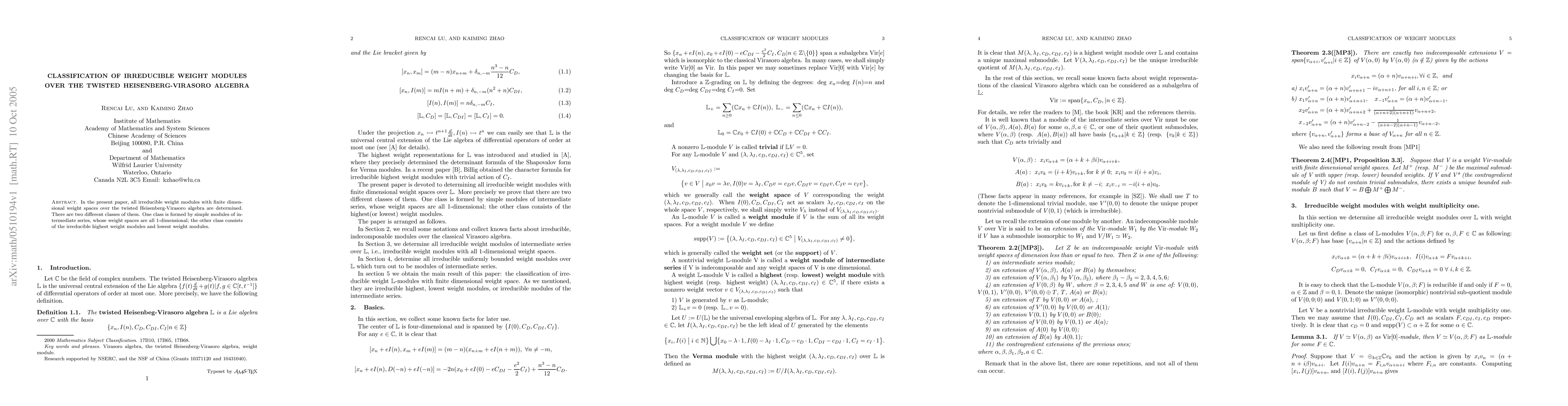 Thumbnail for Classification of irreducible weight modules over the twisted
  Heisenberg-Virasoro algebra