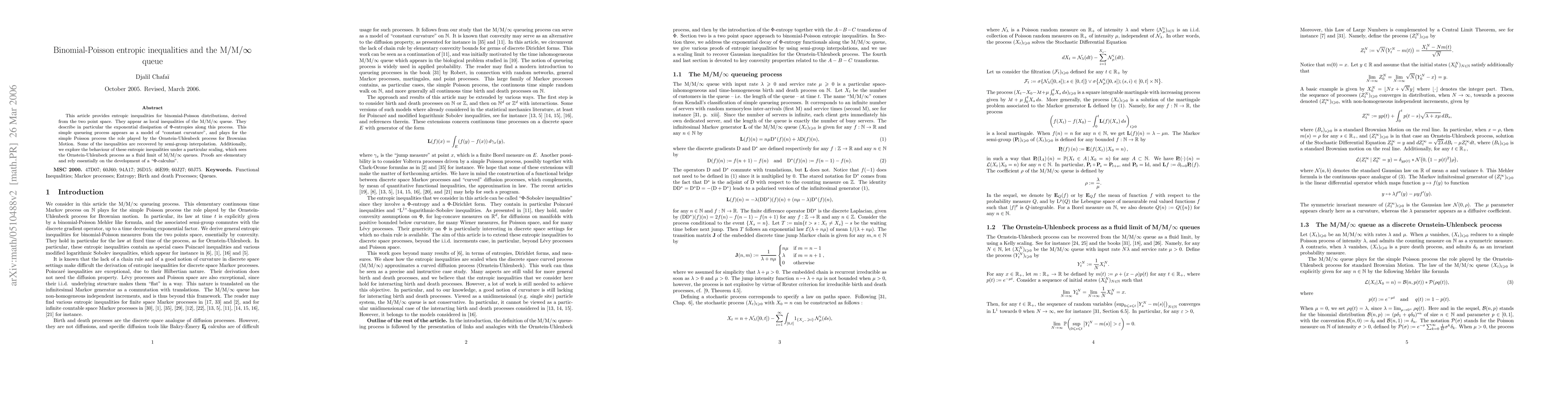 Thumbnail for Binomial-Poisson entropic inequalities and the M/M/$\infty$ queue