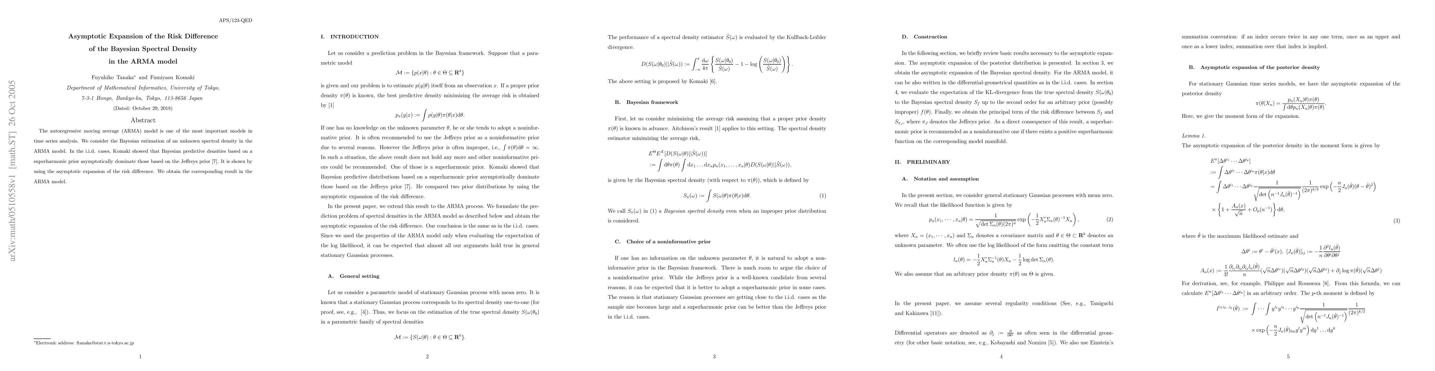 Thumbnail for Asymptotic Expansion of the Risk Difference of the Bayesian Spectral
  Density in the ARMA model