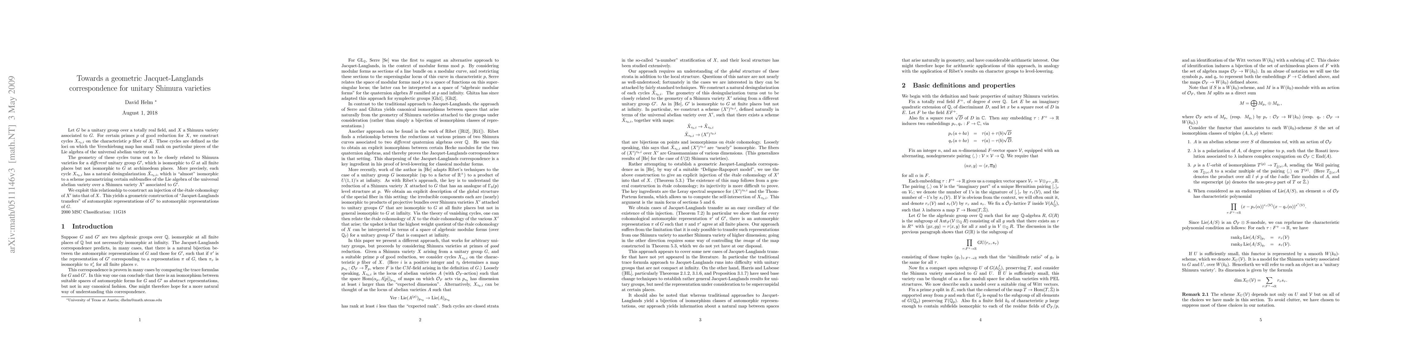 Thumbnail for Towards a Jacquet-Langlands correspondence for unitary Shimura varieties