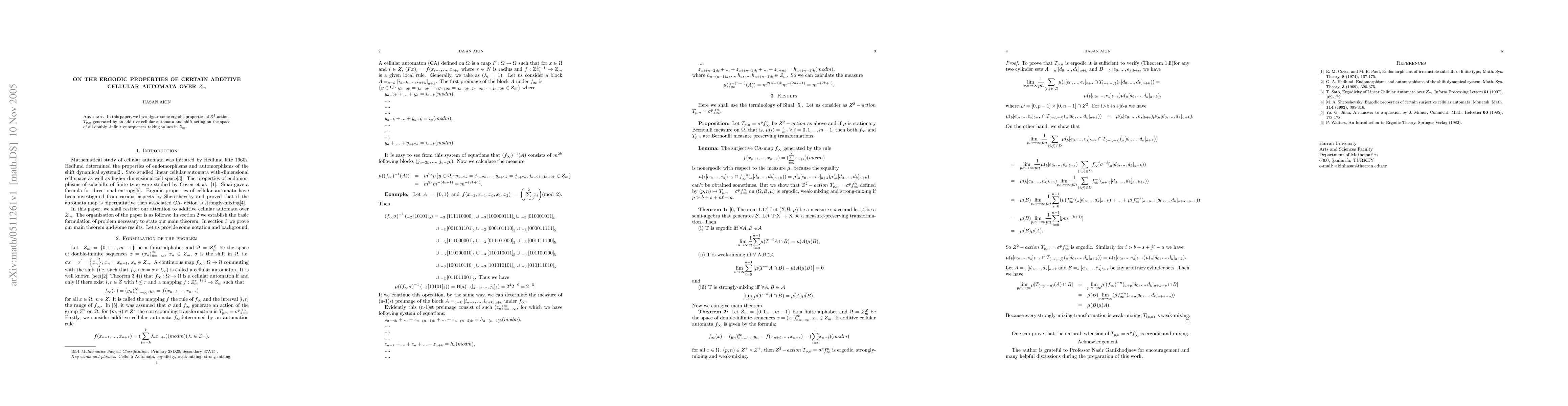Thumbnail for On the Ergodic Properties of Certain Additive Cellular Automata over
  $Z_{m}$