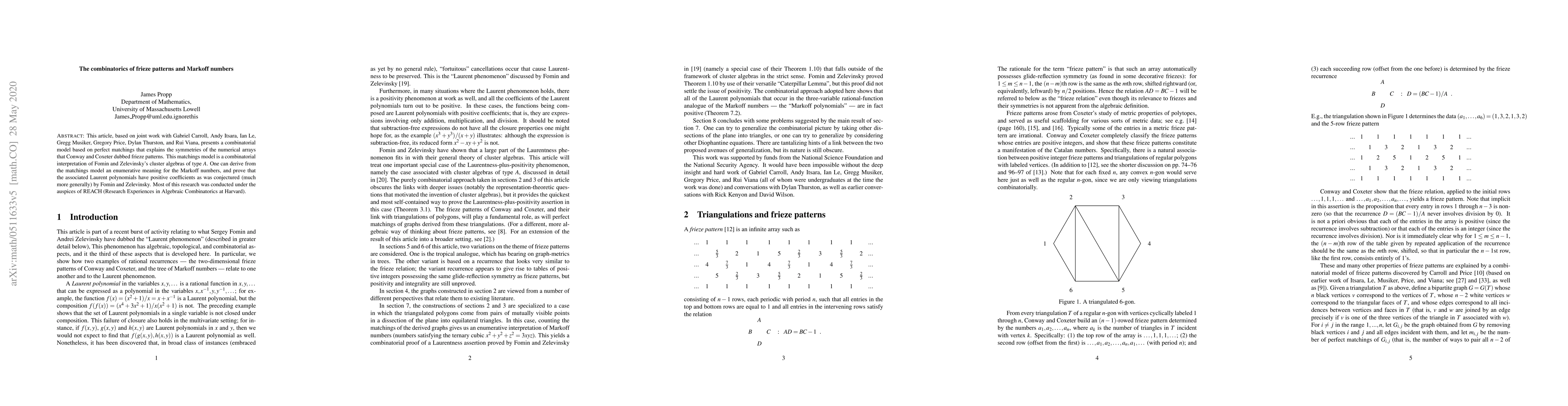 Thumbnail for The combinatorics of frieze patterns and Markoff numbers