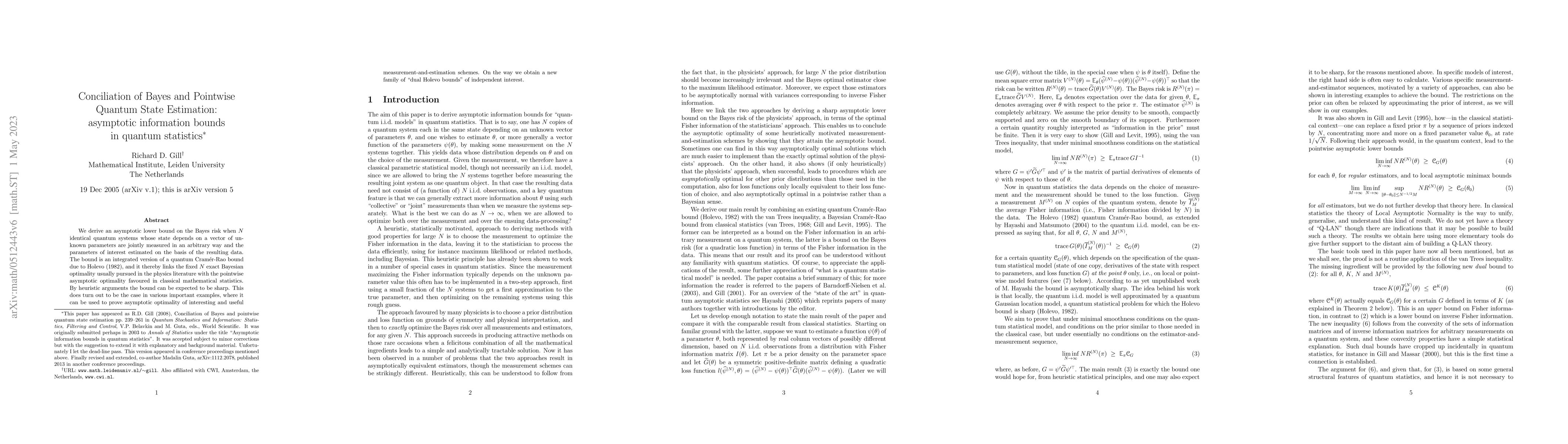 Thumbnail for Conciliation of Bayes and Pointwise Quantum State Estimation: Asymptotic
  information bounds in quantum statistics