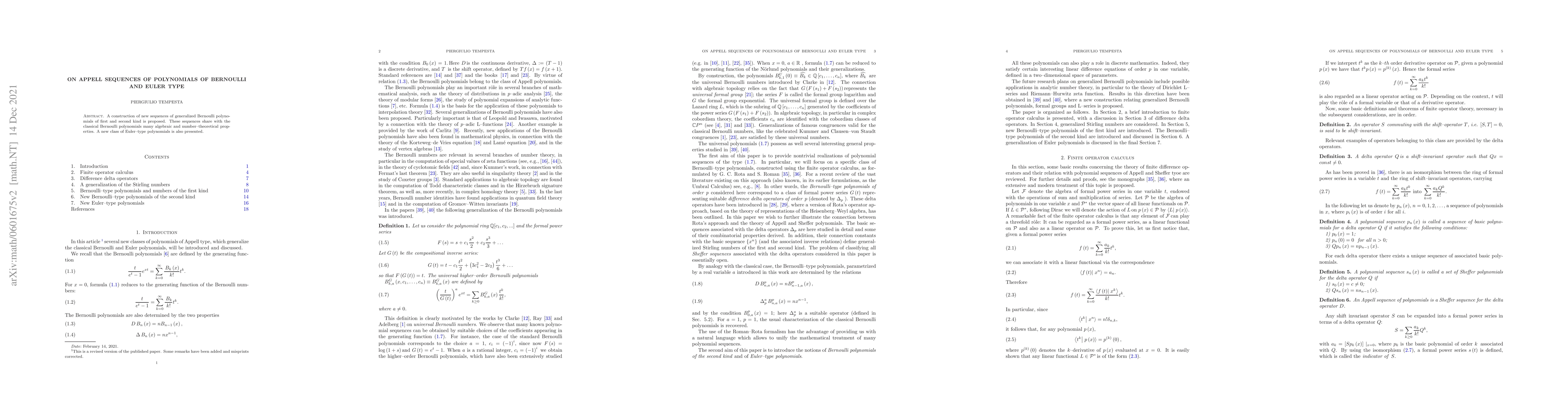 Thumbnail for On Appell sequences of polynomials of Bernoulli and Euler type