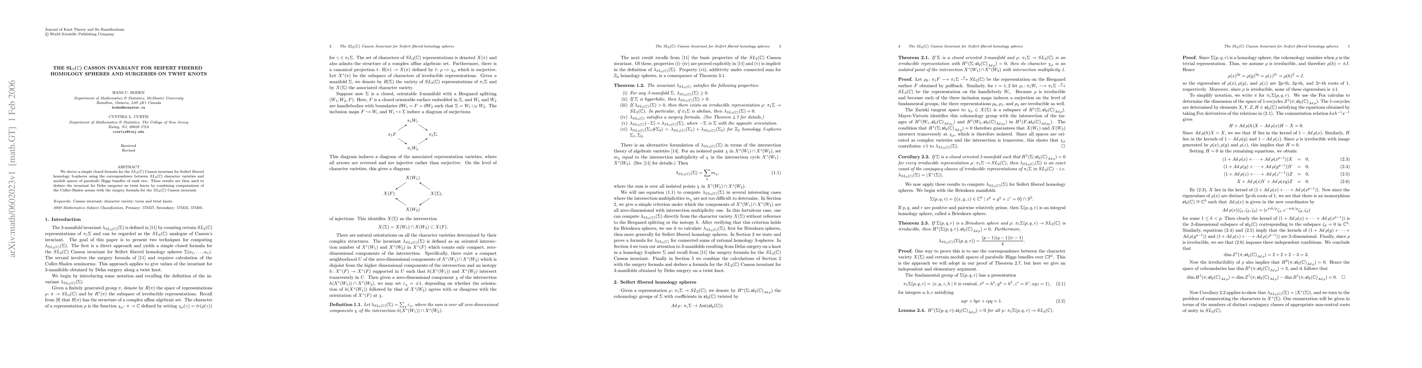 Thumbnail for The SL(2,C) Casson invariant for Seifert fibered homology spheres and
  surgeries on twist knots
