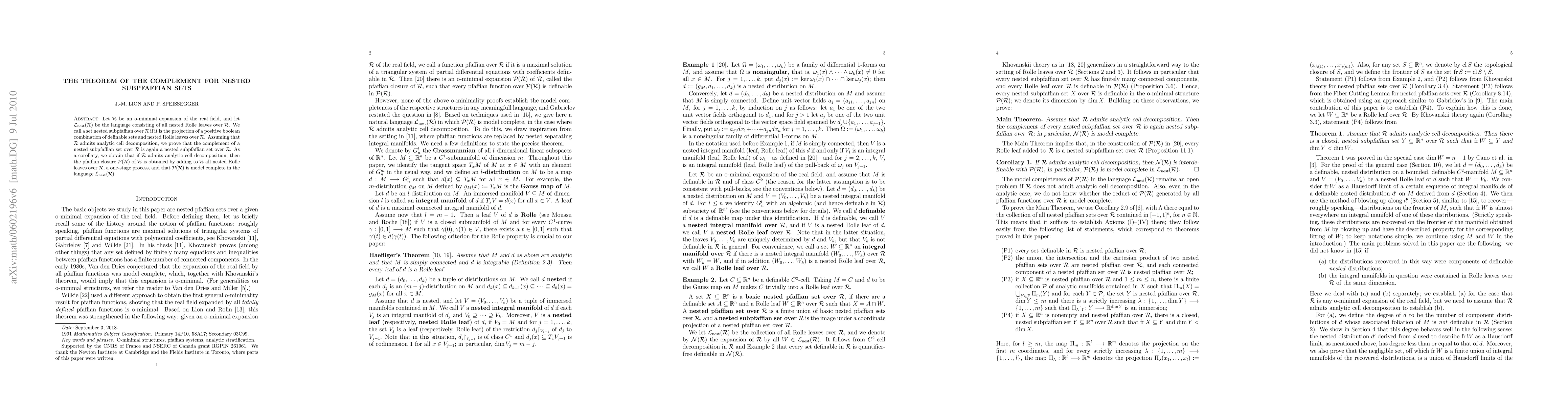 Thumbnail for The theorem of the complement for nested subpfaffian sets
