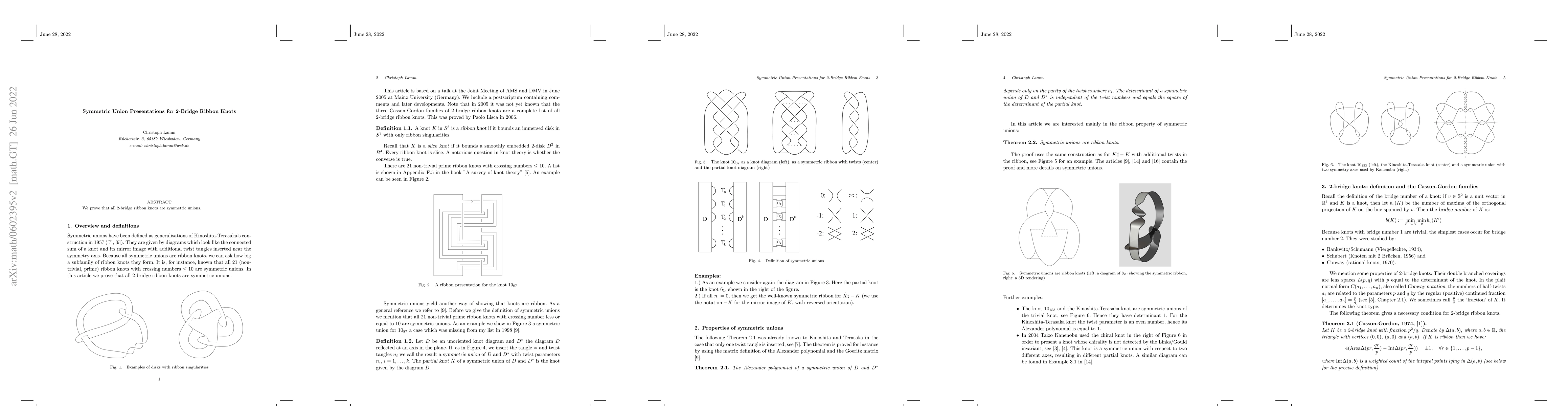 Thumbnail for Symmetric union presentations for 2-bridge ribbon knots