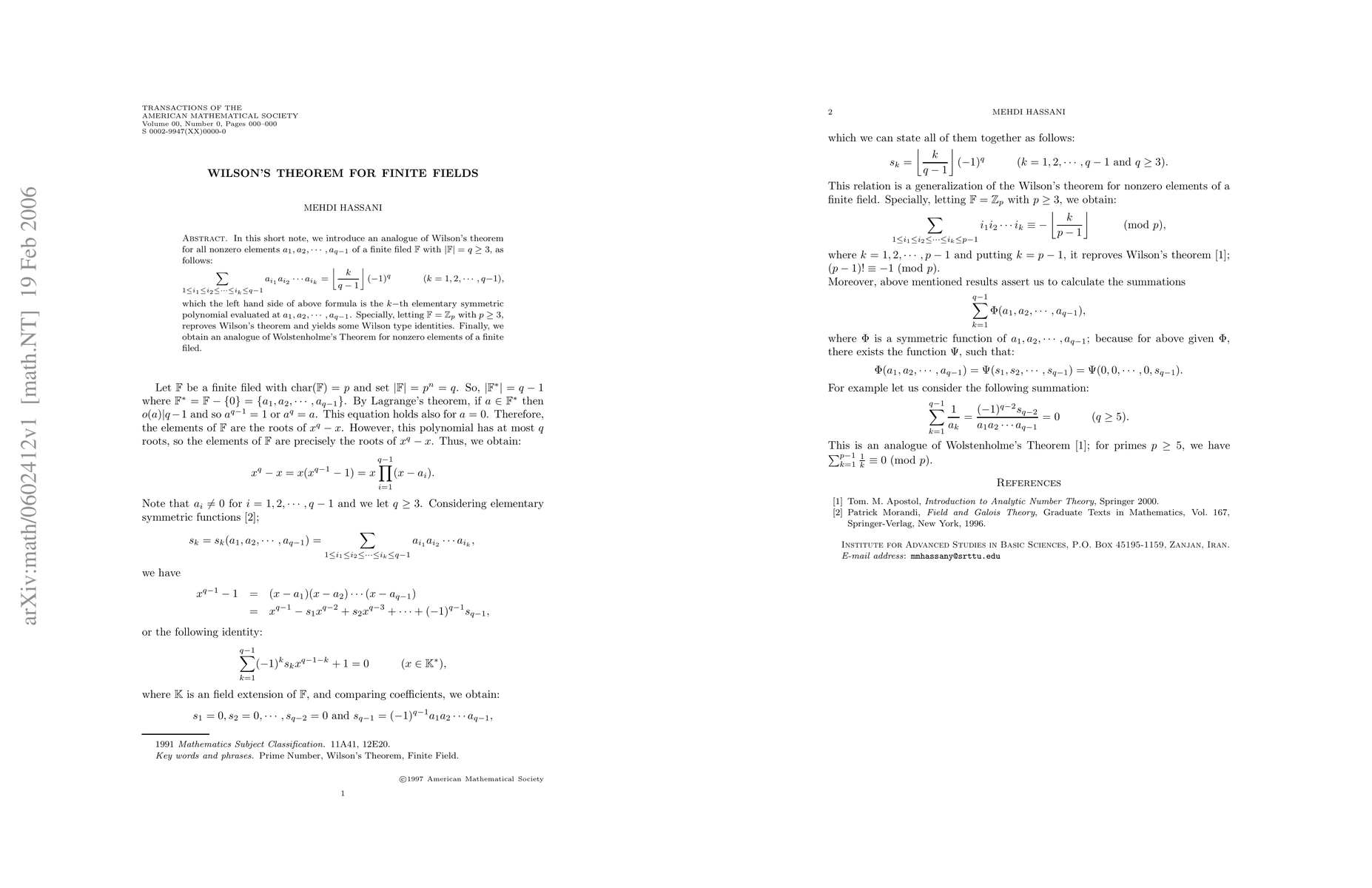 Thumbnail for Wilson's Theorem for Finite Fields