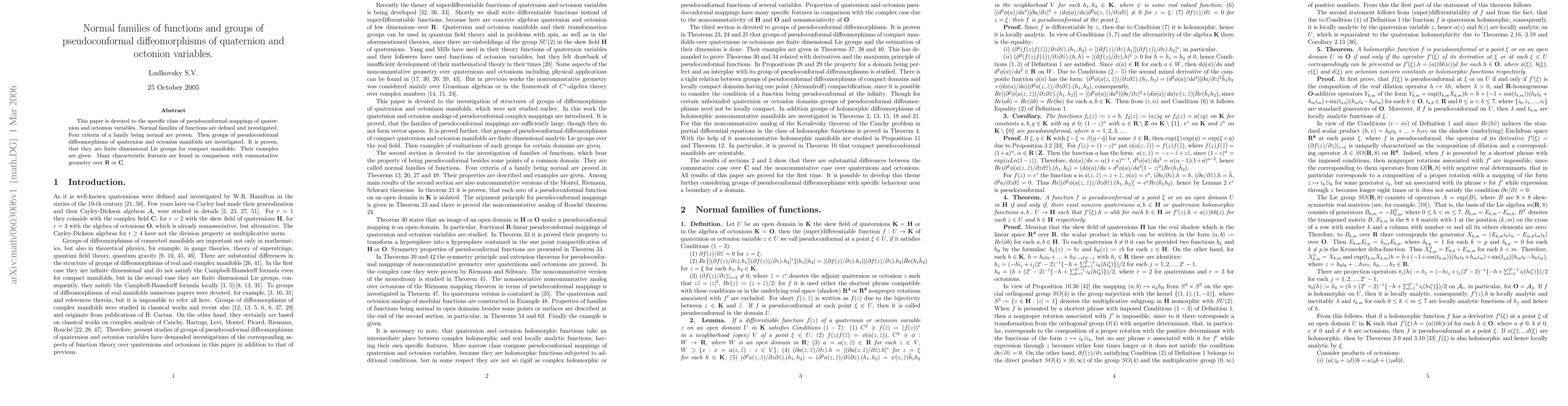 Thumbnail for Normal families of functions and groups of pseudoconformal
  diffeomorphisms of quaternion and octonion variables