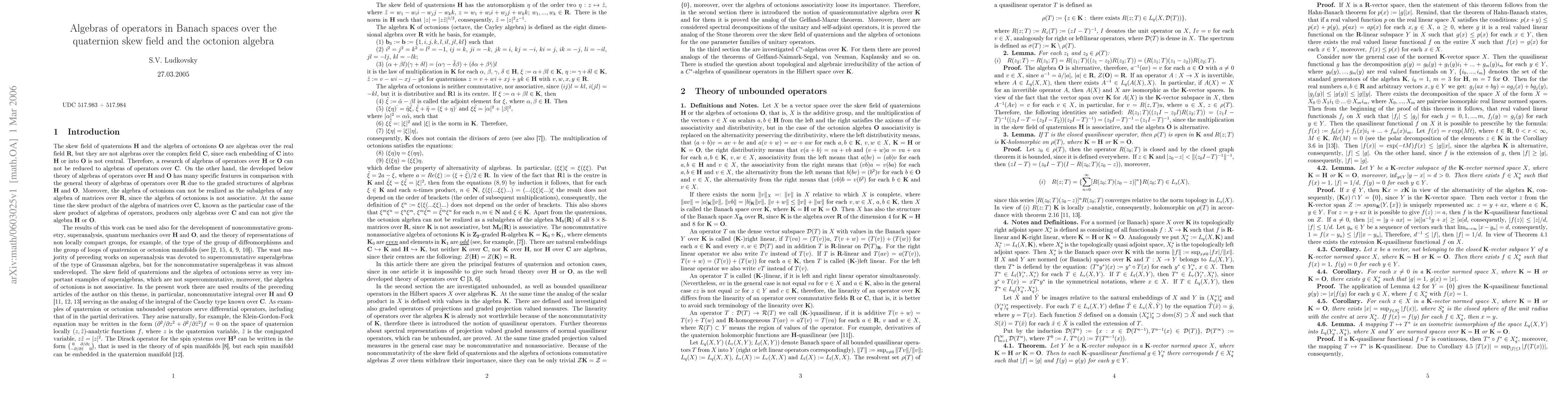 Thumbnail for Algebras of operators in Banach spaces over the quaternion skew field
  and the octonion algebras