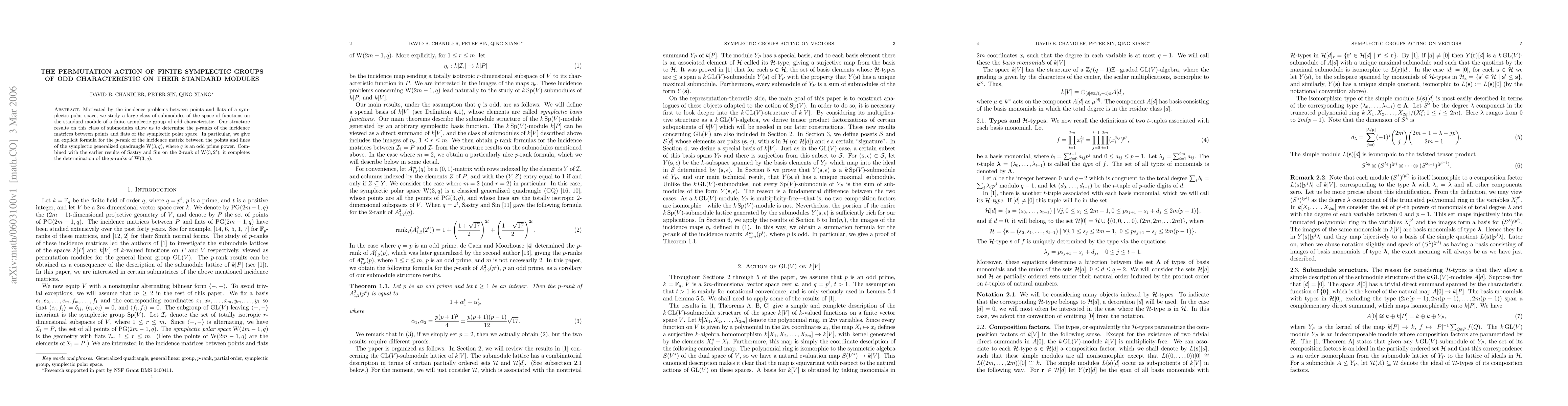Thumbnail for The permutation action of finite symplectic groups of odd characteristic
  on their standard modules
