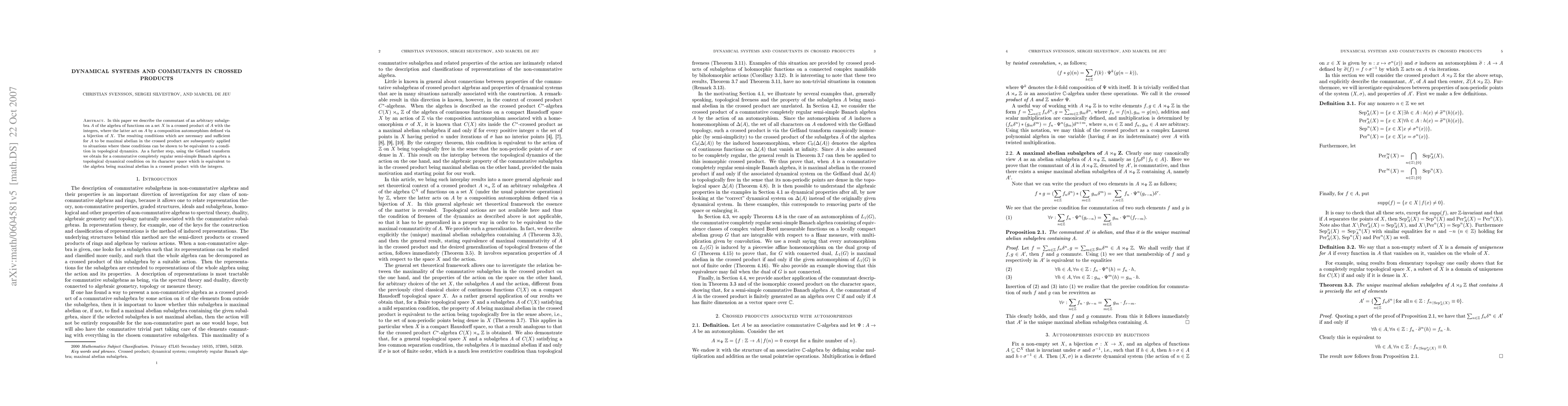 Thumbnail for Dynamical Systems and Commutants in Crossed Products