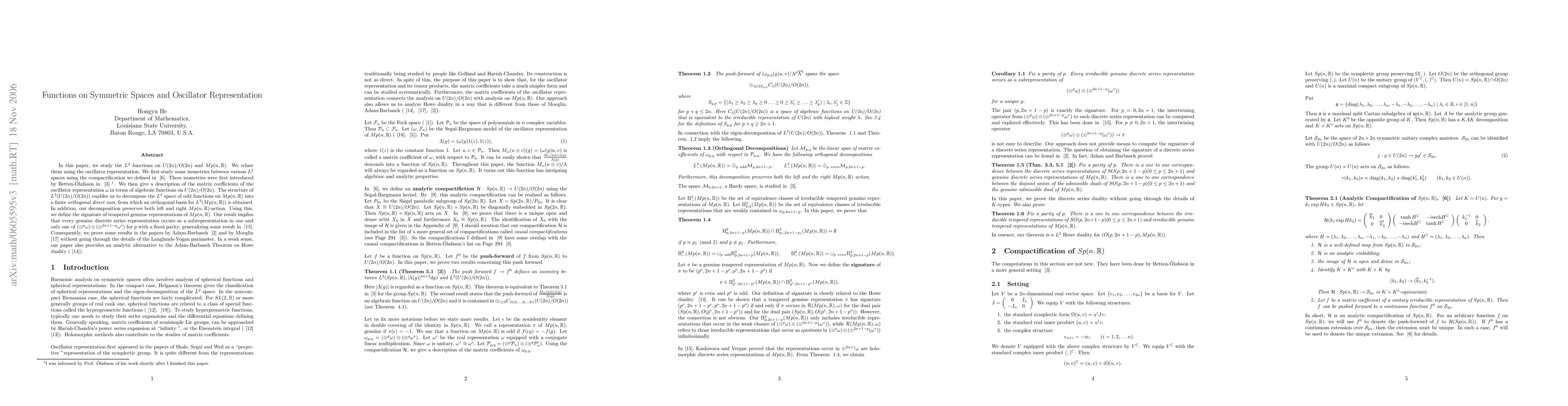 Thumbnail for Functions on Symmetric Spaces and Oscillator Representations