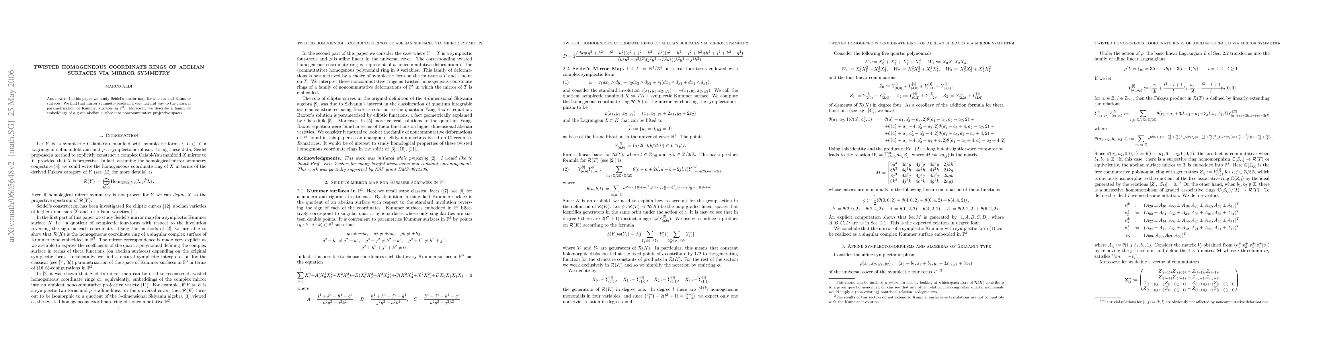 Thumbnail for Twisted Homogeneous Coordinate Rings of Abelian Surfaces via Mirror
  Symmetry