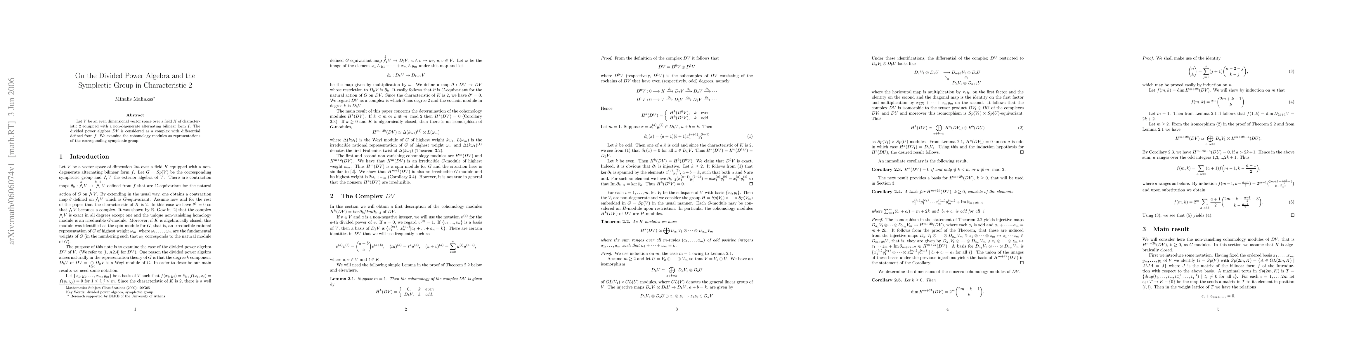 Thumbnail for On the Divided Power Algebra and the Symplectic Group in Chracteristic 2