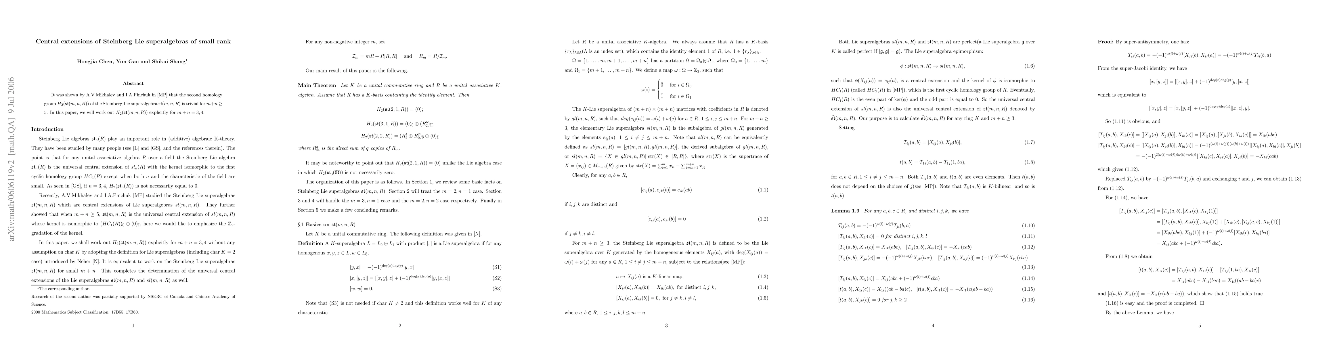 Thumbnail for Central extensions of Steinberg Lie superalgebras of small rank