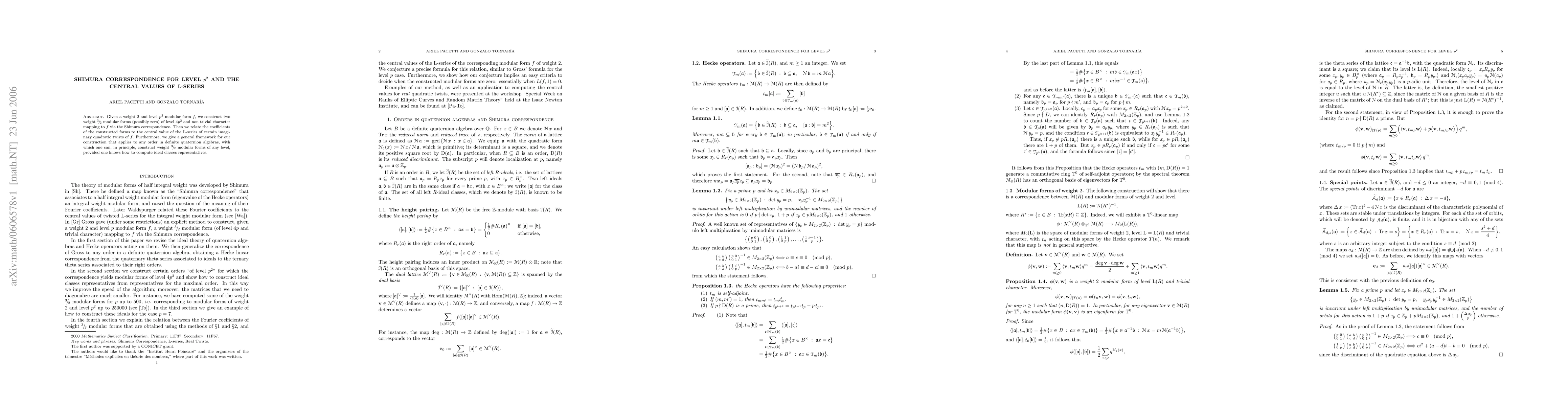 Thumbnail for Shimura correspondence for level p^2 and the central values of L-series