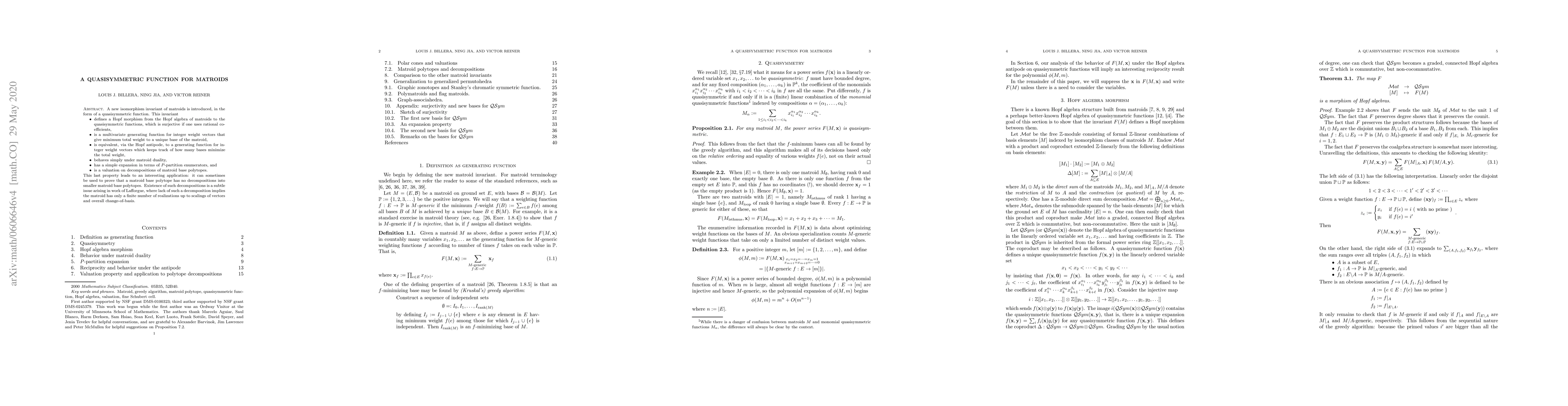 Thumbnail for A quasisymmetric function for matroids