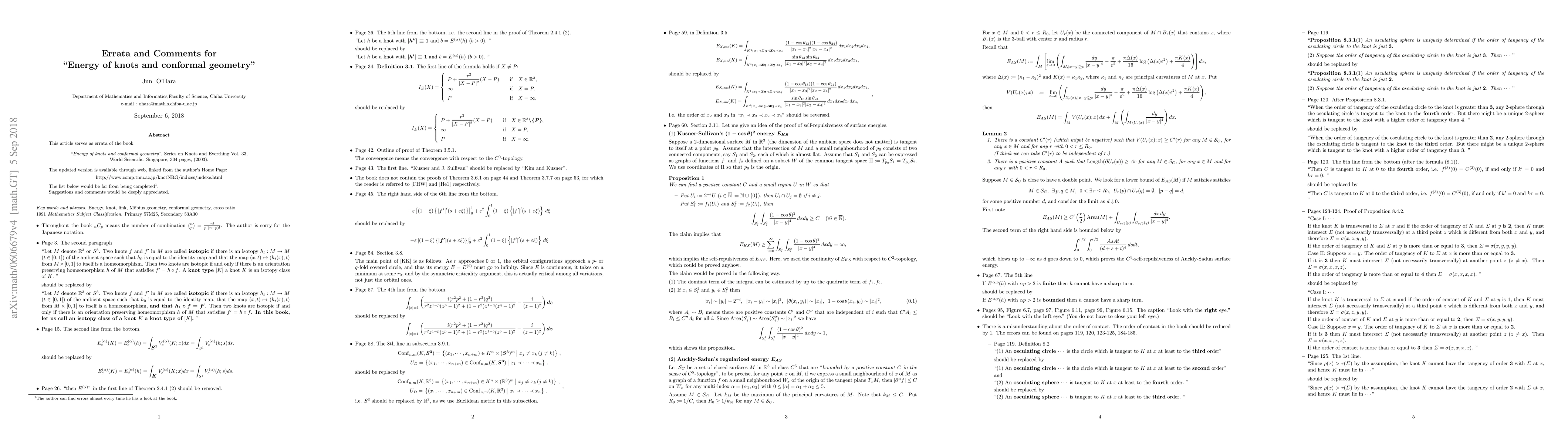 Thumbnail for Errata and Comments for "Energy of knots and conformal geometry"