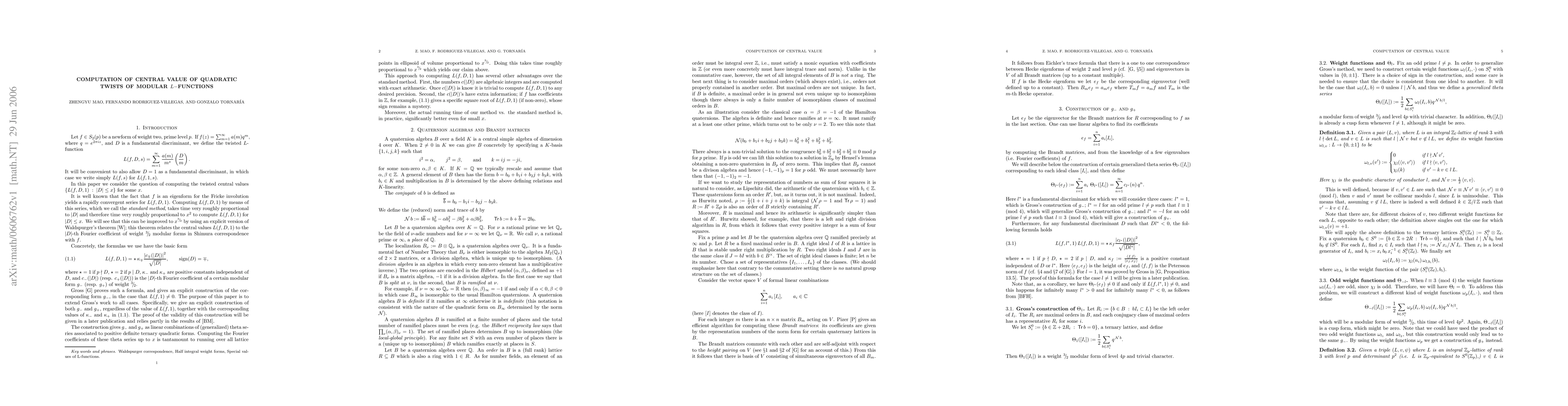 Thumbnail for Computation of central value of quadratic twists of modular L-functions