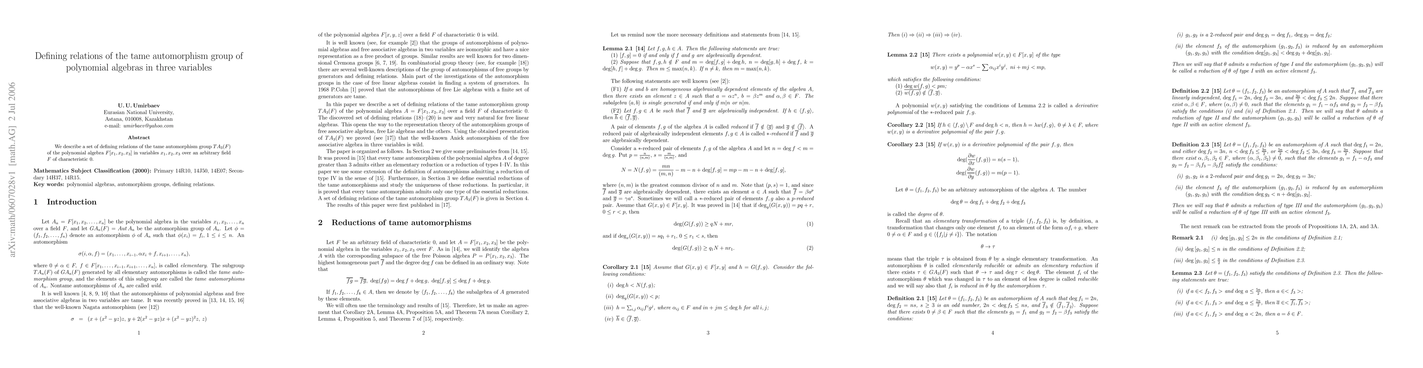 Thumbnail for Defining relations of the tame automorphism group of polynomial algebras
  in three variables