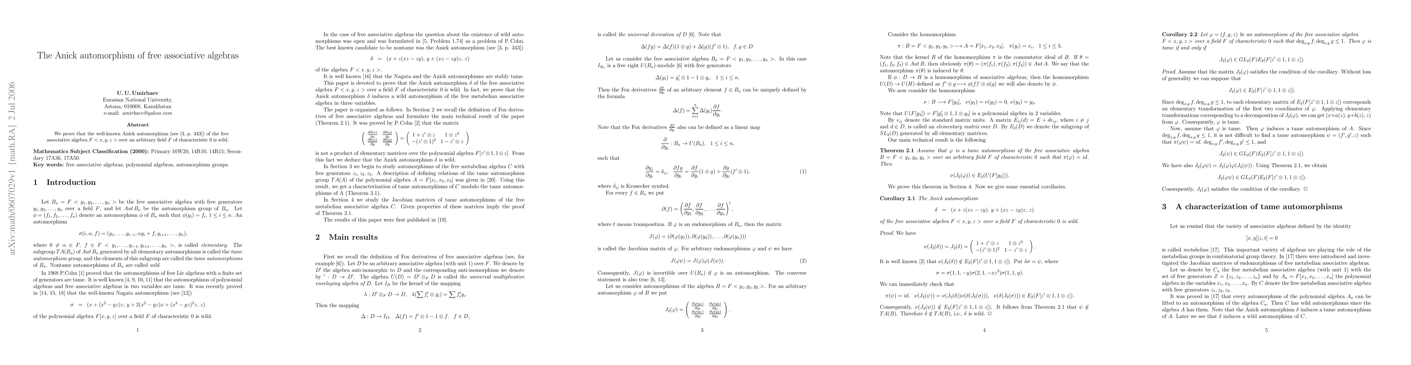 Thumbnail for The Anick automorphism of free associative algebras