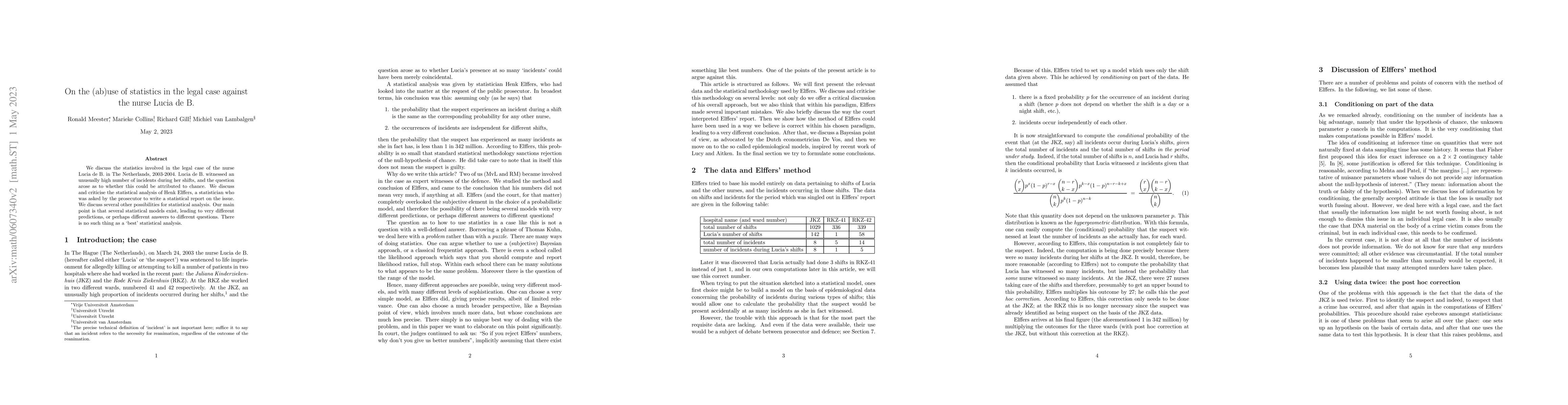 Thumbnail for On the (ab)use of statistics in the legal case against the nurse Lucia
  de B