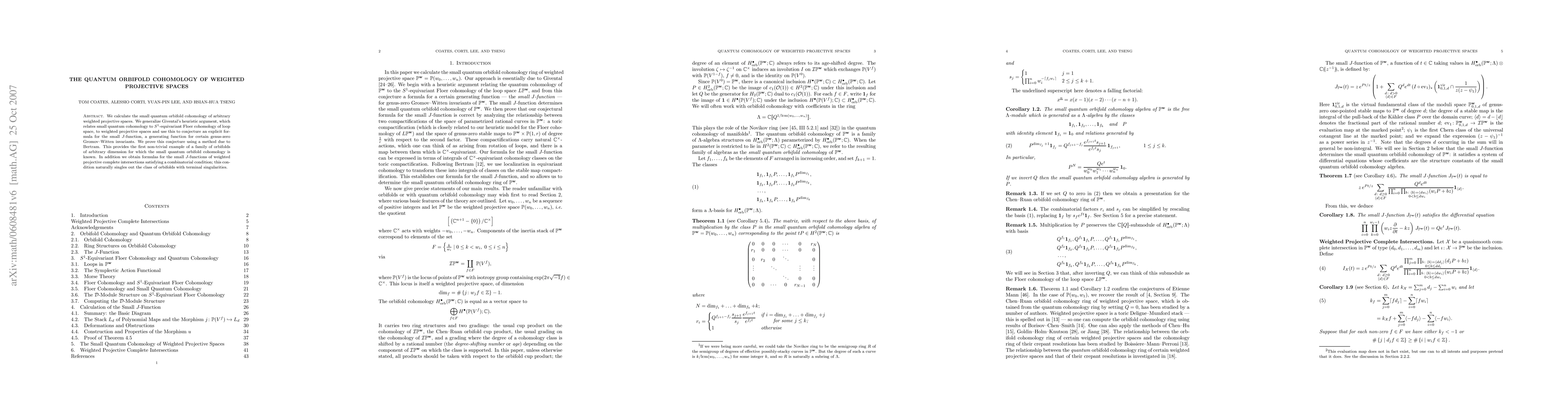 Thumbnail for The Quantum Orbifold Cohomology of Weighted Projective Spaces