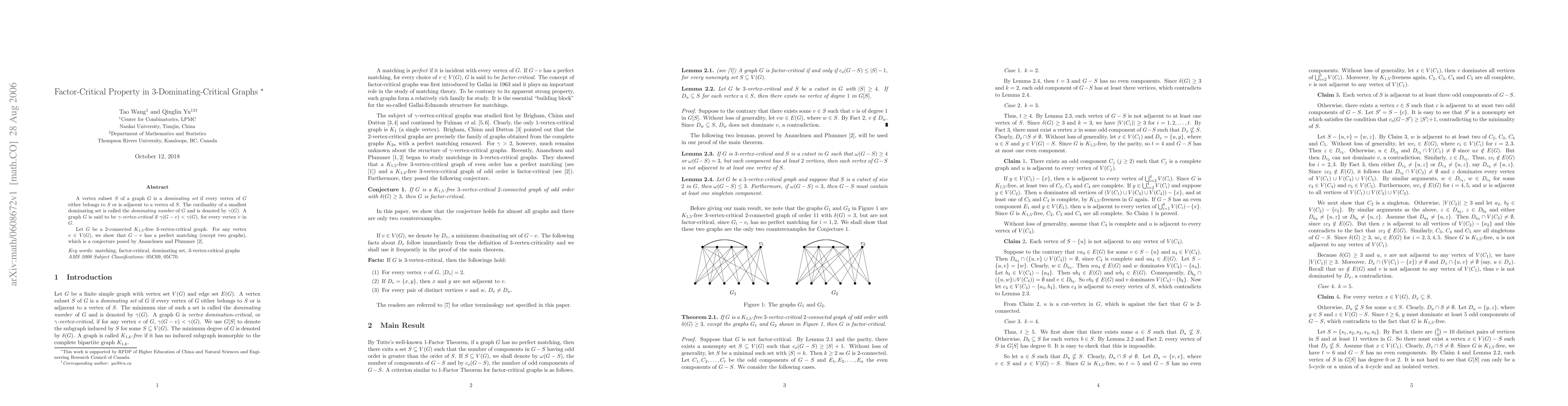 Thumbnail for Factor-Critical Property in 3-Dominating-Critical Graphs