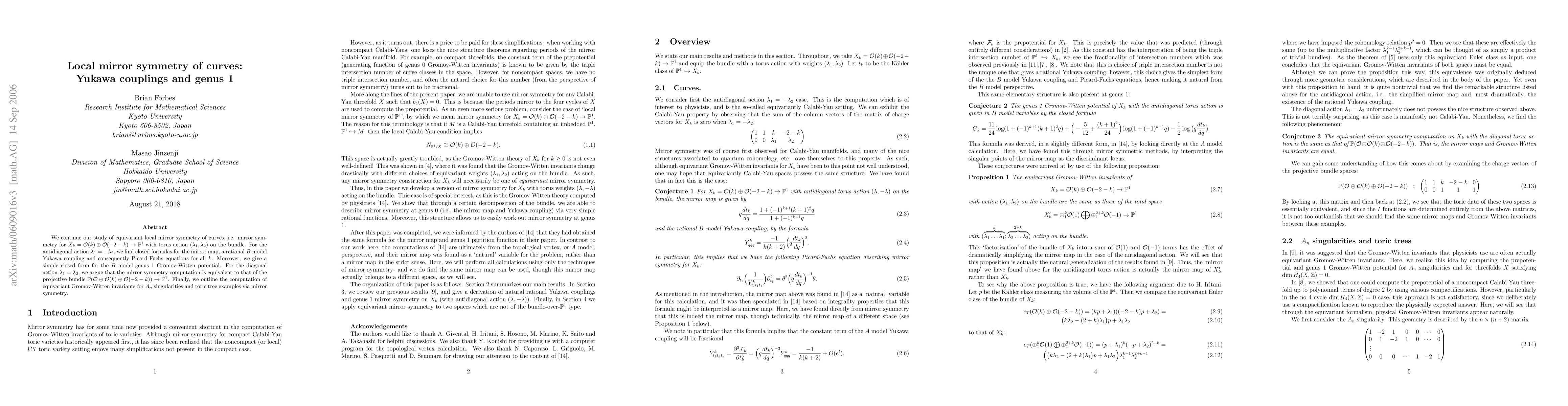 Thumbnail for Local mirror symmetry of curves: Yukawa couplings and genus 1