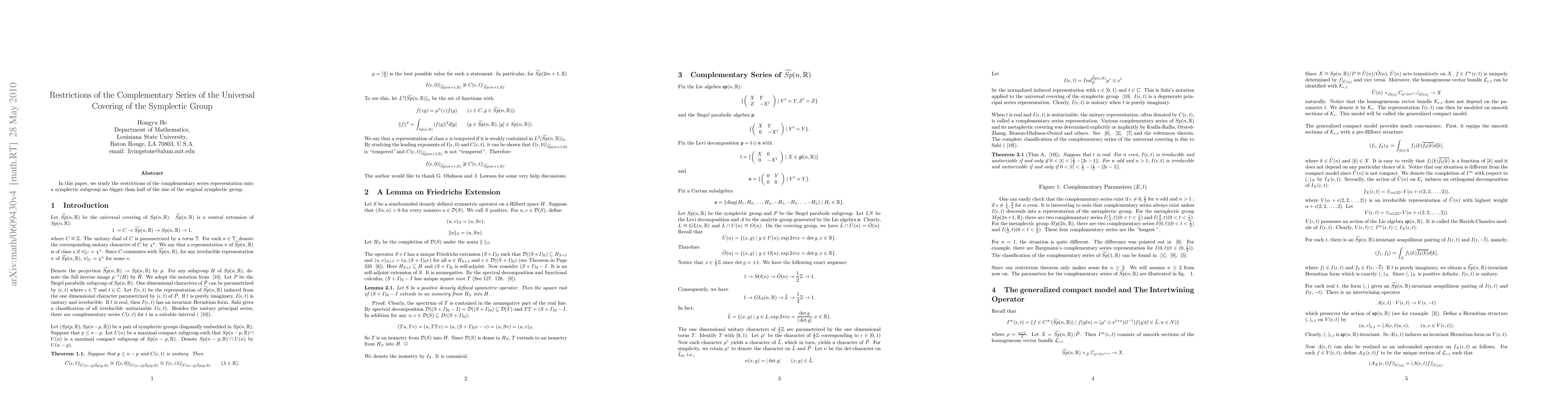 Thumbnail for Restrictions of the Complementary Series of the Universal Covering of
  the Symplectic Group